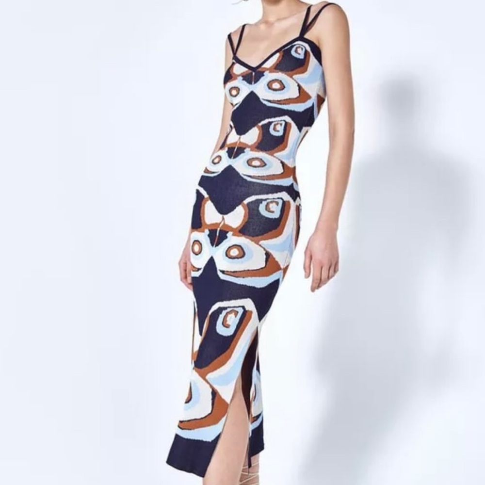 Alexis Navy, Light Blue & Brown Patterned Midi Dress